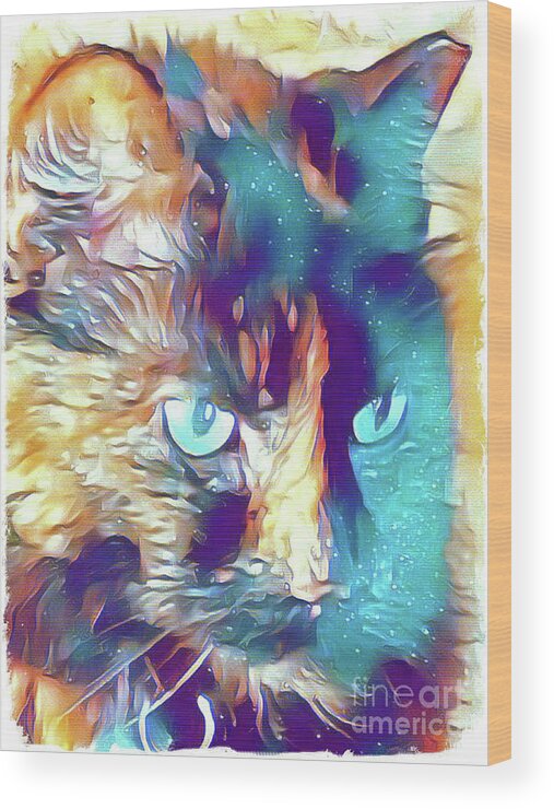 Cat; Kitten; Torti; Torti Cat; Tortoiseshell; Gold; Brown; Black; Teal; Cat Eyes; Kitten Eyes; Close-up; Photography; Painting; Profile; Wood Print featuring the photograph Torti in Teal by Tina Uihlein