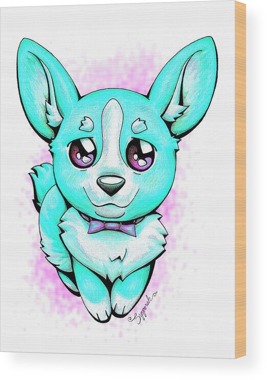 Puppy Wood Print featuring the drawing Turquoise Corgi by Sipporah Art and Illustration