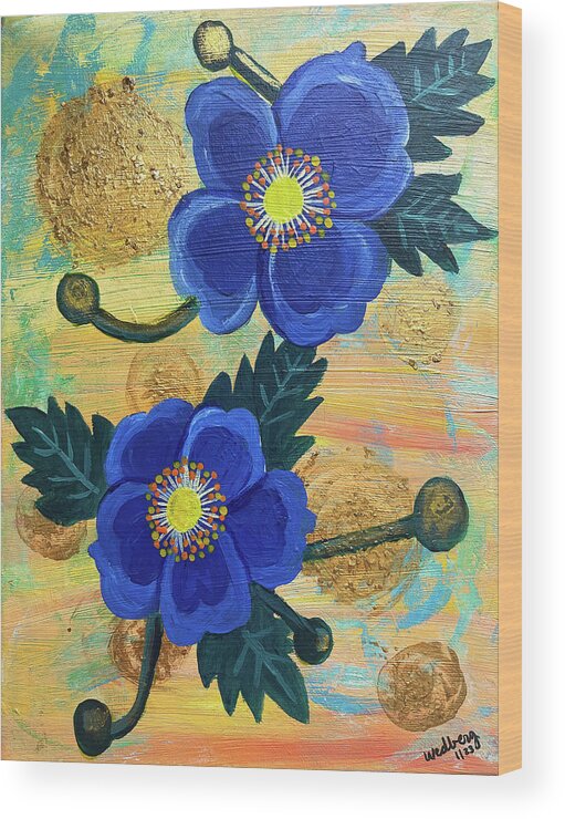Gold Wood Print featuring the painting Two Blue Flowers by Christina Wedberg