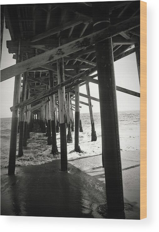 Black Wood Print featuring the photograph Under Balboa's Pier B/W by Carolyn Stagger Cokley