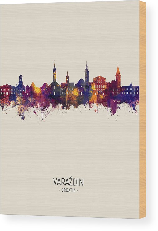 Varaždin Wood Print featuring the digital art Varazdin Croatia Skyline #51 by Michael Tompsett