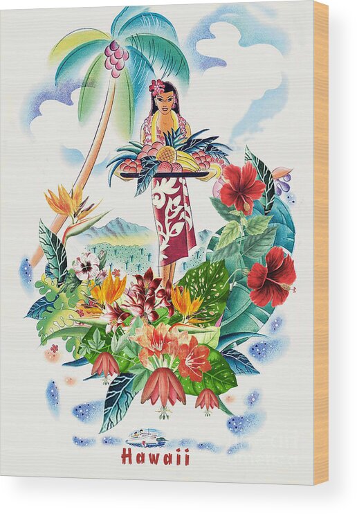 Hawaii Wood Print featuring the digital art Vintage Hawaiian Travel Poster by J Marielle