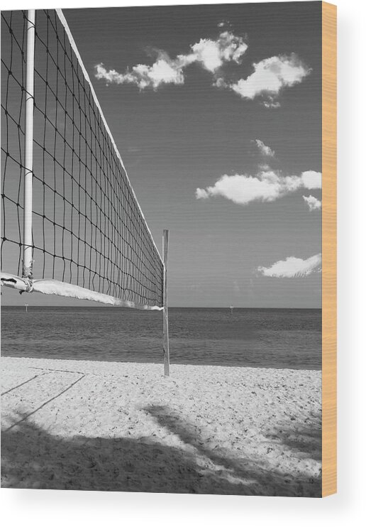 Volleyball Net On Beach Photo Wood Print featuring the photograph Volleyball Net on the Beach BW by Bob Pardue