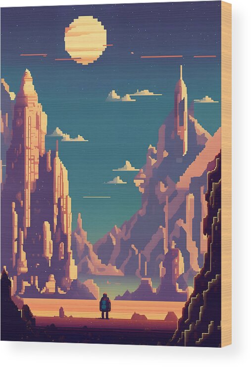 Pixel Wood Print featuring the digital art Wasteland Planet by Quik Digicon Art Club