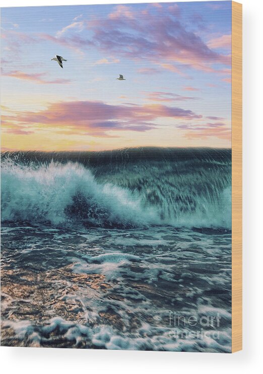 Seagulls Wood Print featuring the digital art Waves Crashing At Sunset by Phil Perkins