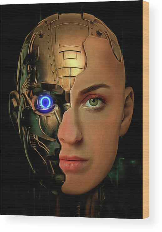 Cyborg Wood Print featuring the digital art Woman Cyborg Portrait 01 by Matthias Hauser