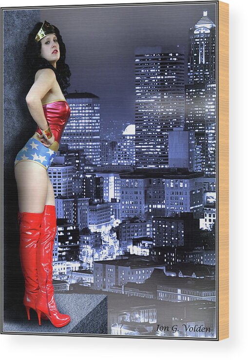 Wonder Wood Print featuring the photograph Wonder Woman City by Jon Volden