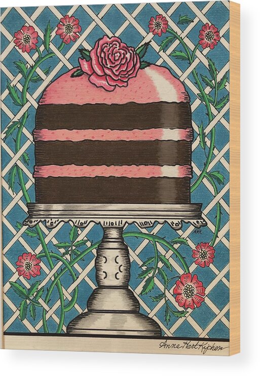 Cake Stand Wood Print featuring the mixed media Wyandotte and Rose Cake by Anne Hart Kiphen