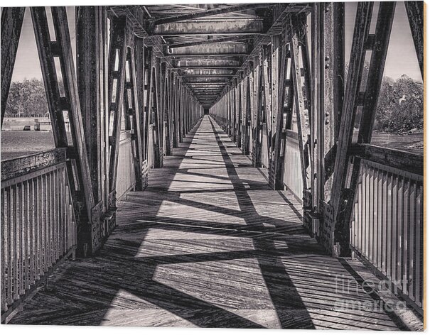 Tulsa Wood Print featuring the photograph Tulsa Pedestrian Bridge in Black and White by Tamyra Ayles