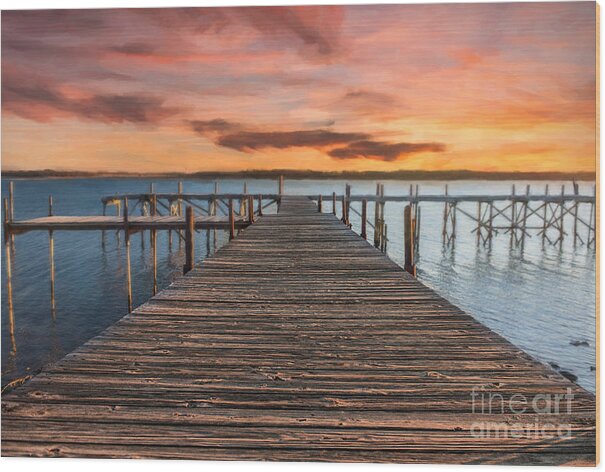 lake Murray Wood Print featuring the photograph Lake Murray Lodge Pier at Sunrise Landscape by Tamyra Ayles