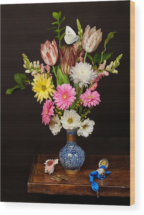 Dutch Wood Print featuring the photograph Bosschaert - Flower Bouquet in Chinese Pot #1 by Levin Rodriguez