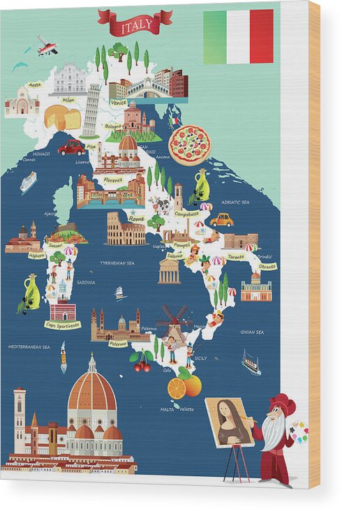 Adriatic Sea Wood Print featuring the digital art Cartoon Map Of Italy by Drmakkoy