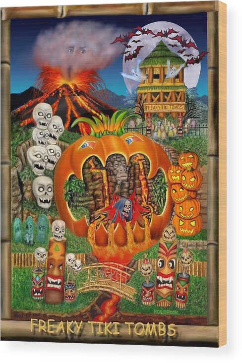 Halloween Art Wood Print featuring the digital art Freaky Tiki Tombs #1 by Glenn Holbrook