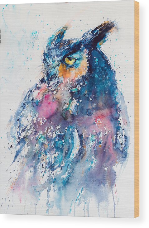 Great Horned Owl Wood Print featuring the painting Great horned owl #1 by Kovacs Anna Brigitta