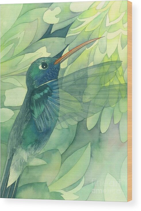 Watercolor Wood Print featuring the painting Hummingbird And Chrysanthemum by Robert Hooper