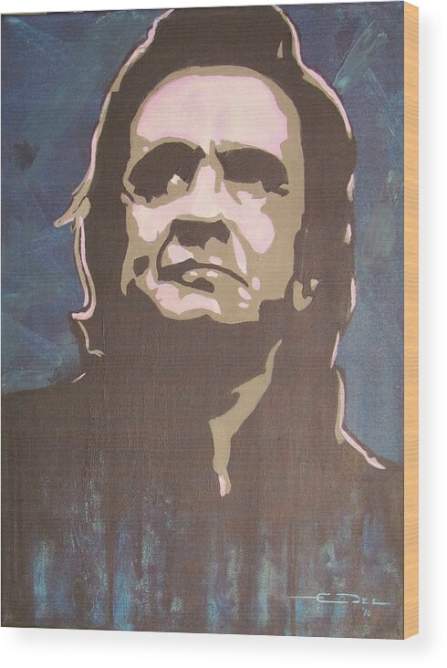 Johnny Cash Tribute Portrait Painting Wood Print featuring the painting Man in Black and Blue #1 by Eric Dee