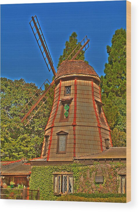  Self Realization Lake Shrine Temple Wood Print featuring the photograph Windmill 4 #1 by Richard J Cassato