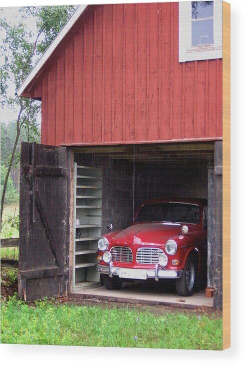 Dereske Wood Print featuring the photograph 1967 Volvo in Red Sweden Barn by Mary Lee Dereske