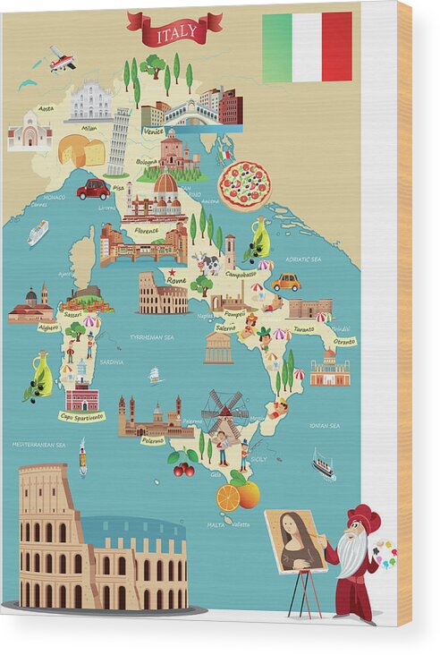 Adriatic Sea Wood Print featuring the digital art Cartoon Map Of Italy by Drmakkoy Adriatic Sea Wood Print featuring the digital art Cartoon Map Of Italy by Drmakkoy