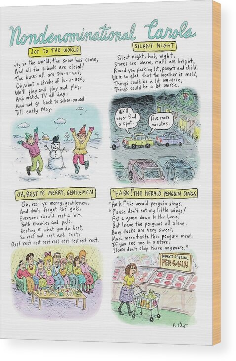 Non-denominational Christmas Wood Print featuring the drawing A Long Description Of Various Non-denominational by Roz Chast