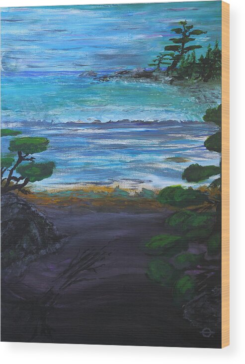 Landscape Wood Print featuring the painting A Misty Moonset Near Carmel by Jq