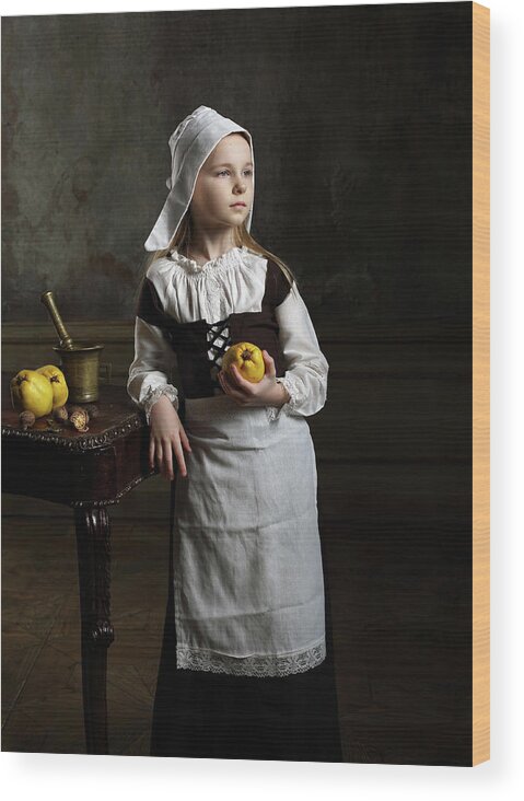 Quinces Wood Print featuring the photograph A Young Girl With Some Quinces by Victoria Ivanova