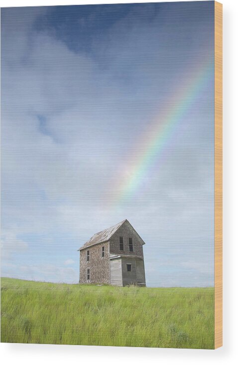 Scenics Wood Print featuring the photograph Abandoned Farmhouse With A Rainbow by Grant Faint