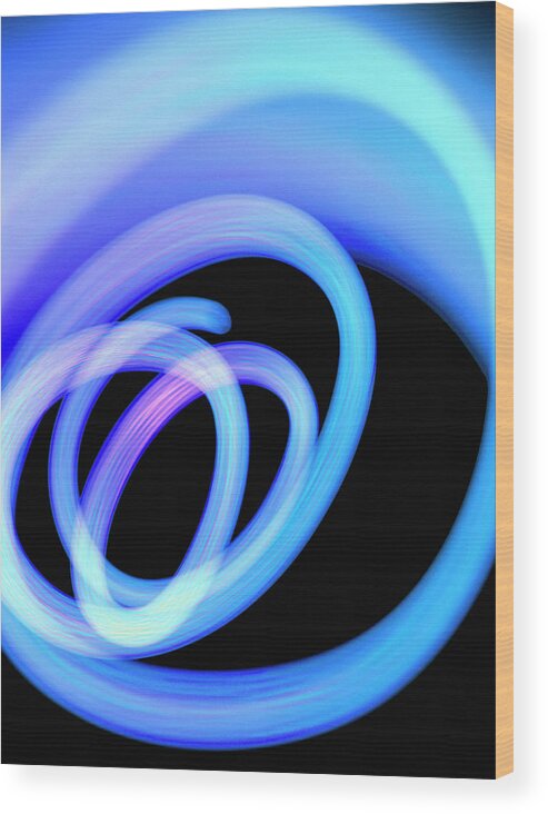 Black Background Wood Print featuring the photograph Abstract Spiral Of Blue Fiber Optic by Steven Puetzer