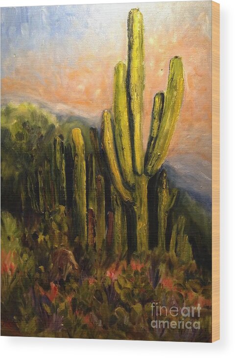 Landscape Wood Print featuring the painting Arizona Desert Blooms by Sherry Harradence