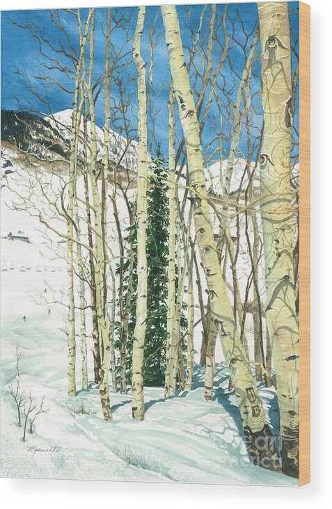 Barbara Jewell Wood Print featuring the painting Aspen Shelter by Barbara Jewell