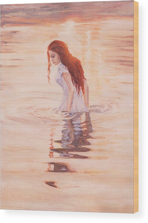 Water Girl Sunrise Bath New Day Reflection Red Hair Wood Print featuring the painting Aurora by Marco Busoni