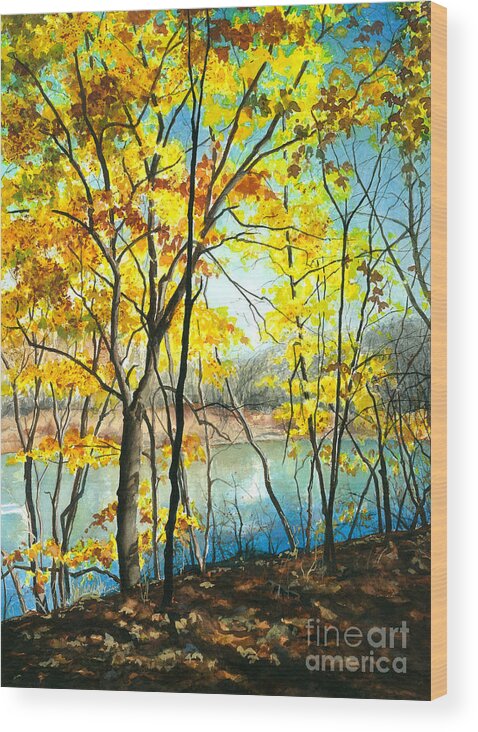 Water Color Trees Wood Print featuring the painting Autumn River Walk by Barbara Jewell