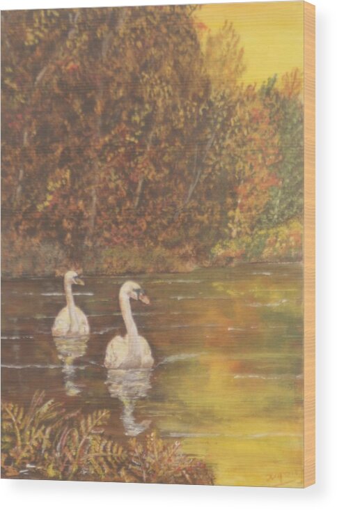 Autumn Wood Print featuring the painting Autumn swans left by David Capon