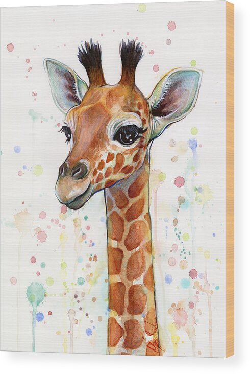 Watercolor Wood Print featuring the painting Baby Giraffe Watercolor by Olga Shvartsur