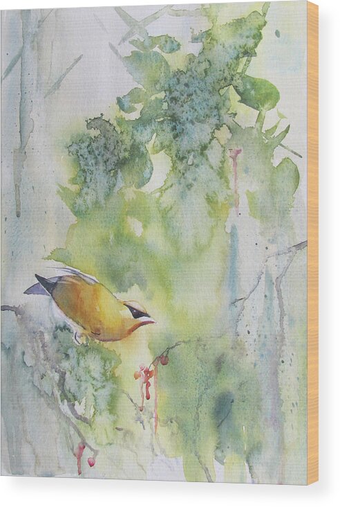 Bird Wood Print featuring the painting Cedar Waxwing by Amanda Amend