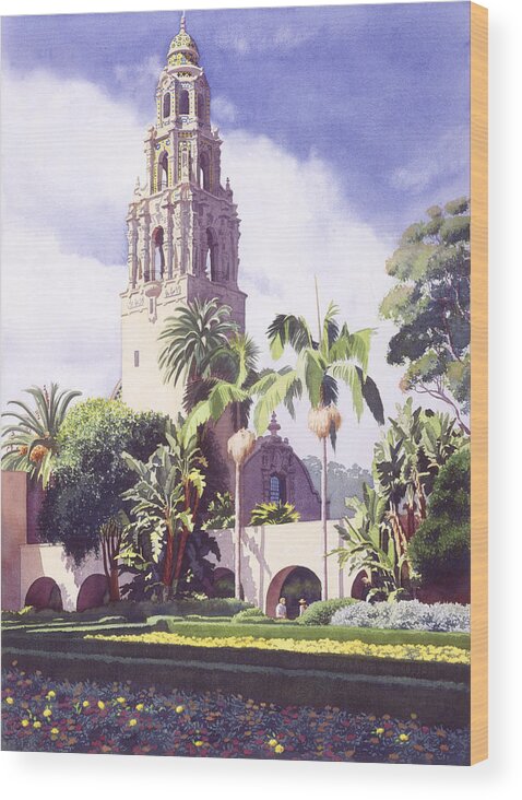 Bell Wood Print featuring the painting Bell Tower in Balboa Park by Mary Helmreich