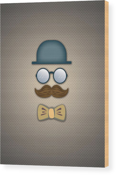 Top Hat Wood Print featuring the digital art Blue Top Hat Moustache Glasses and Bow Tie by Ym Chin