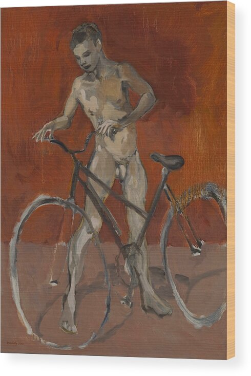 Boy Wood Print featuring the painting Boy with bicycle red oxide by Peregrine Roskilly