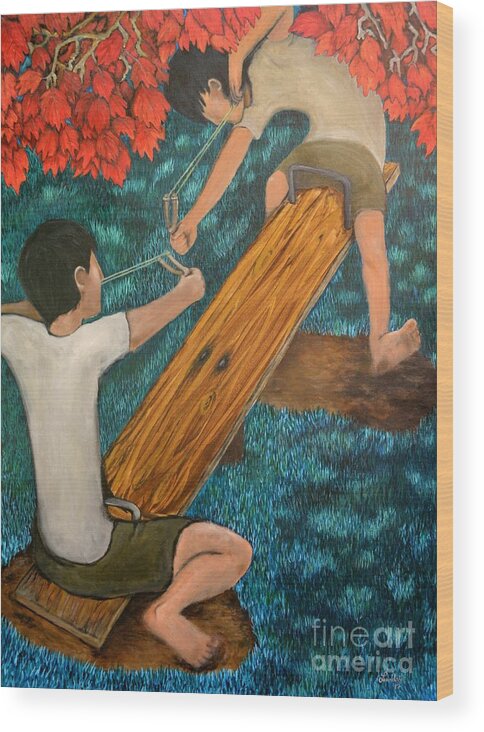 Teeter Totter Wood Print featuring the painting Boys Play by Leandria Goodman