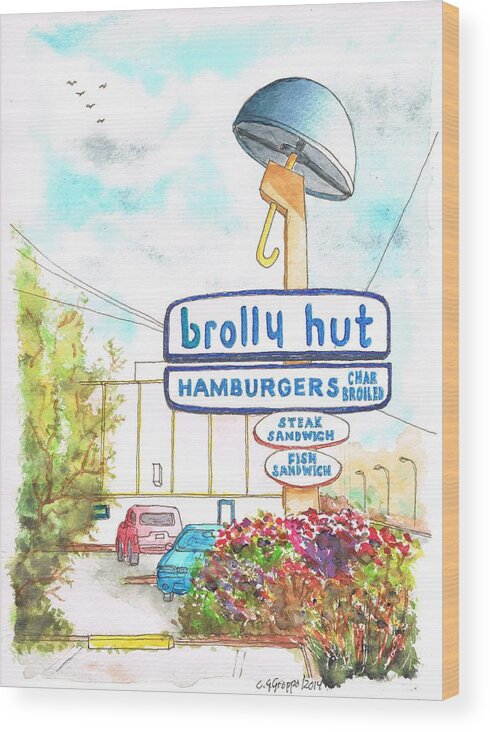 Brolly Hut Wood Print featuring the painting brolly Hut Hamburgers in Inglewood - California by Carlos G Groppa