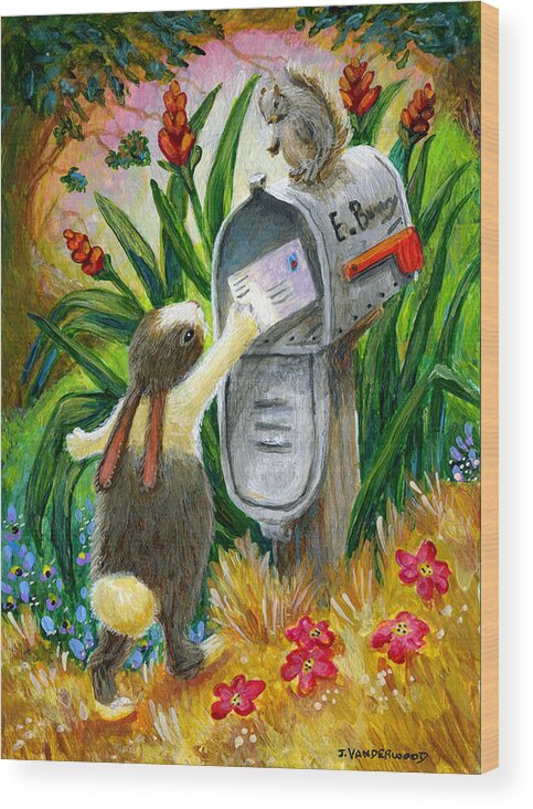 Bunny Wood Print featuring the painting Bunny Mails a Letter by Jacquelin L Westerman