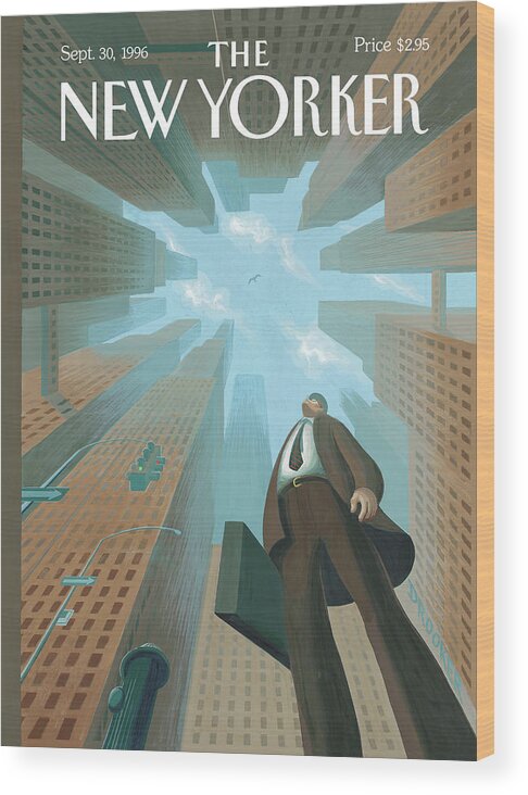 Upwardly Mobile Wood Print featuring the painting Businessman Looks Up At Tall Skyscrapers by Eric Drooker