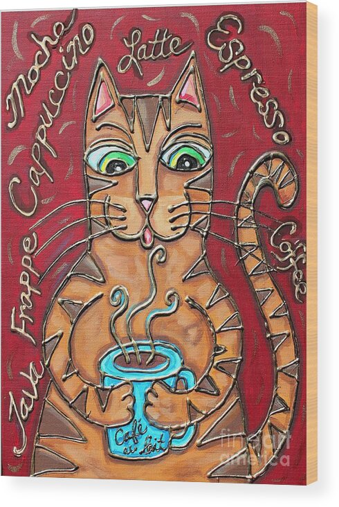 Cat Wood Print featuring the mixed media Cat Cafe au Lait by Cynthia Snyder