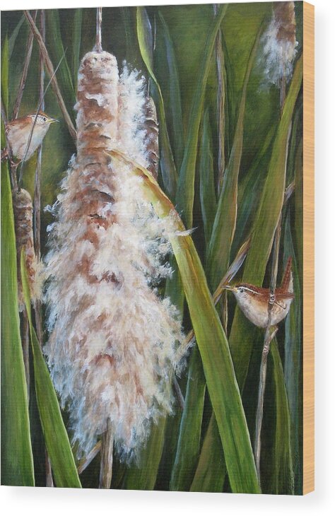 Wrens Wood Print featuring the painting Cattails and Wrens by Mary McCullah