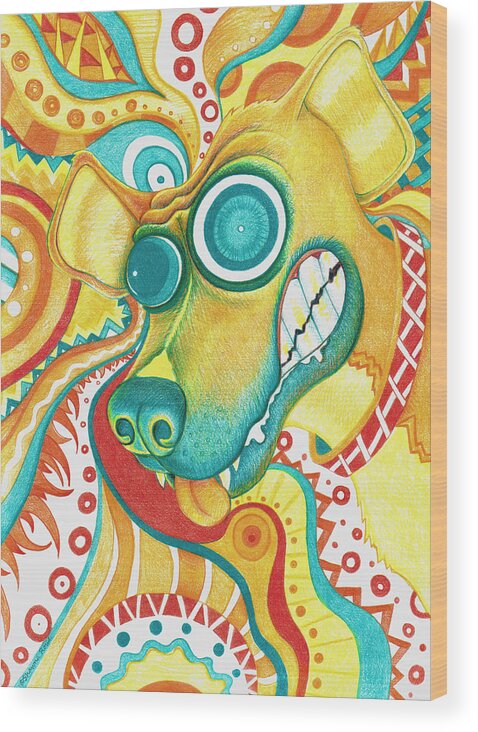 Colored Pencil Wood Print featuring the drawing Chaotic Canine by Shawna Rowe