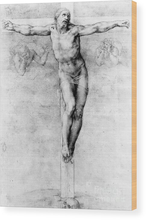 Christ Wood Print featuring the drawing Christ on the Cross by Michelangelo Buonarroti by Michelangelo Buonarroti
