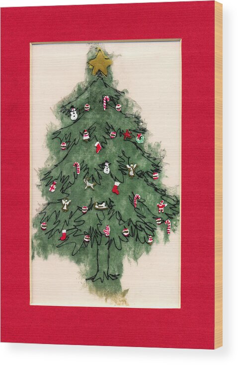 Christmas Paintings Wood Print featuring the painting Christmas Tree with Red Mat by Mary Helmreich