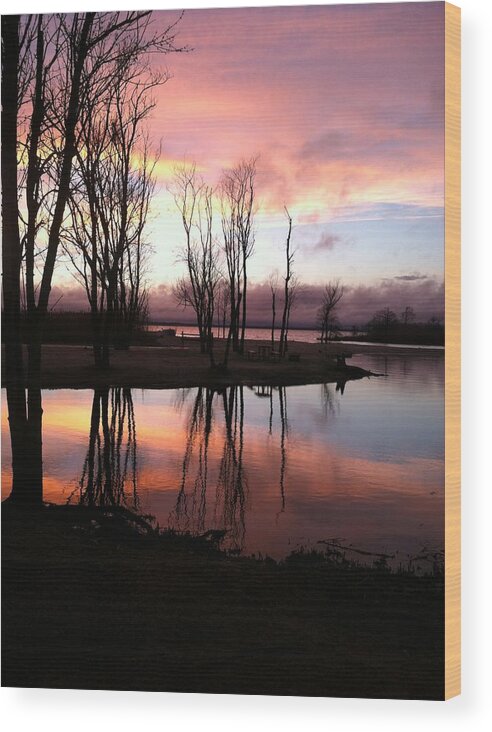 Sunset Wood Print featuring the photograph Clearing on the River by Vikki Angel