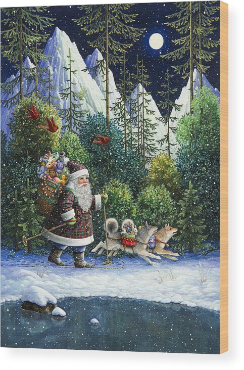 Santa Claus Wood Print featuring the painting Cross-Country Santa by Lynn Bywaters