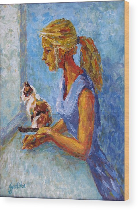 Girl And Cat Wood Print featuring the painting Curiosity by Jyotika Shroff